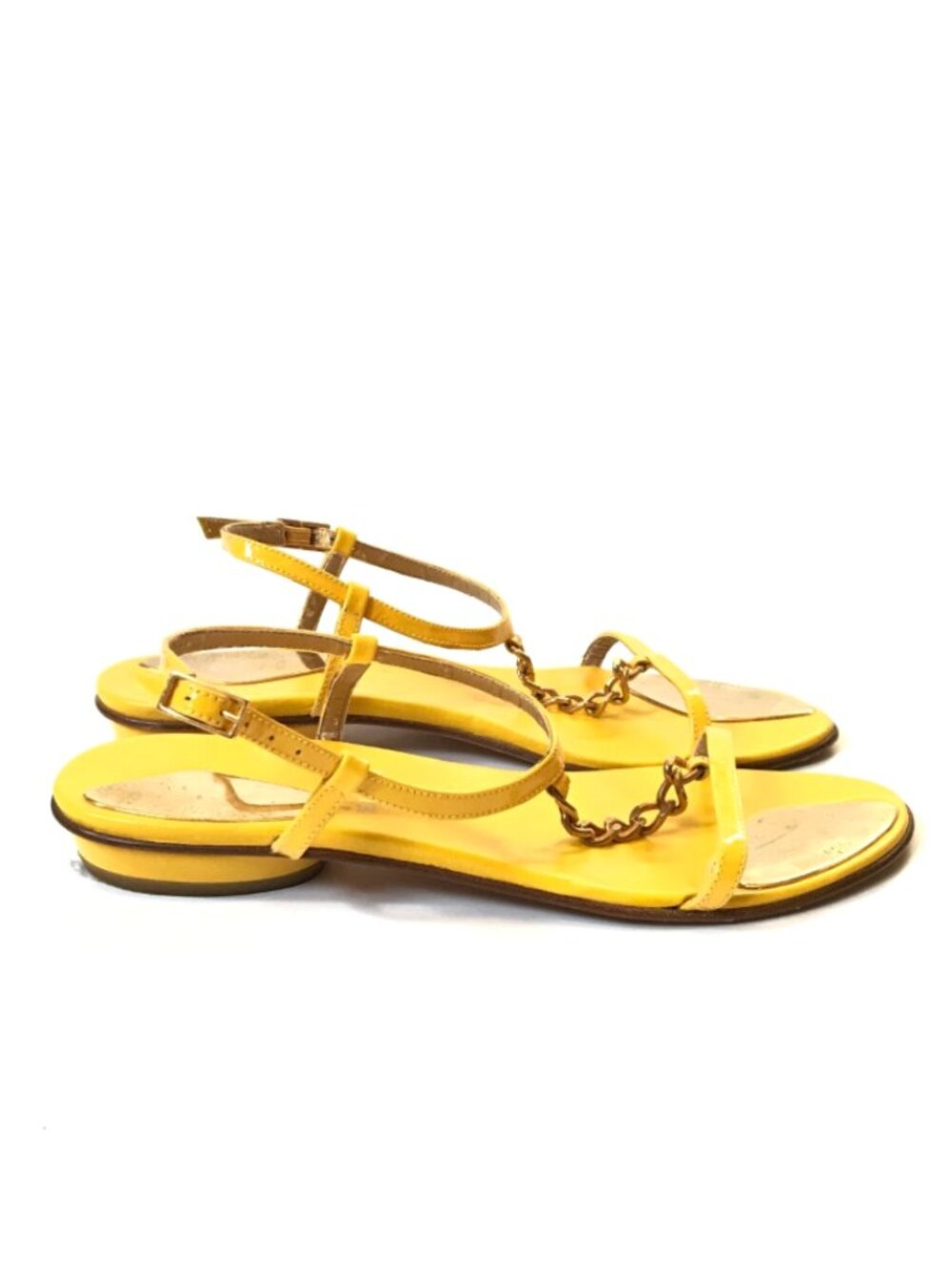 Stuart Weitzman Flat Sandals Womens 6.5 Yellow Leather Gold Chain Buckle Shoes